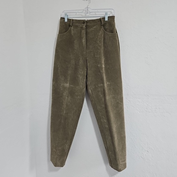 Annalese Pants - Vtg Faux Suede Women's Pants Olive Green Sz 6 Button Boho Minimalist Microfiber